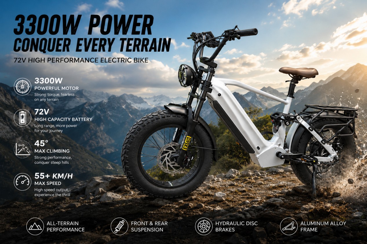 72V 3300W All-Terrain Fat Tire Ebike for Off-Road Adventures